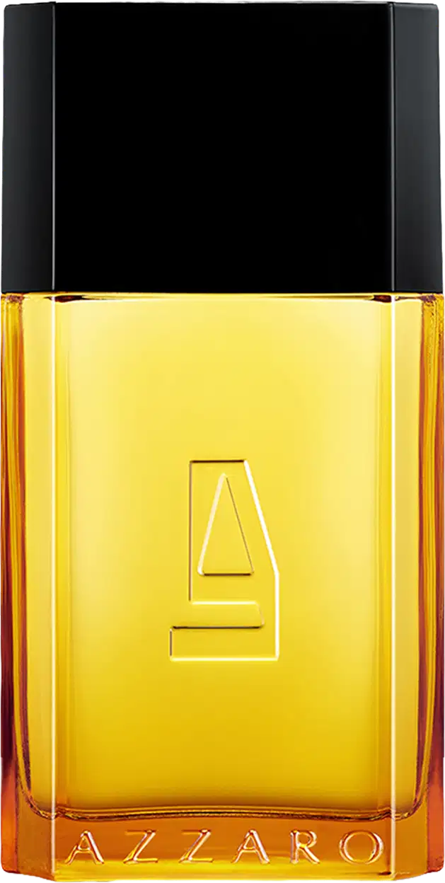 Frasco de perfume Azzaro com design geométrico em preto e amarelo, contendo líquido âmbar. Rótulo com logotipo da marca em destaque.