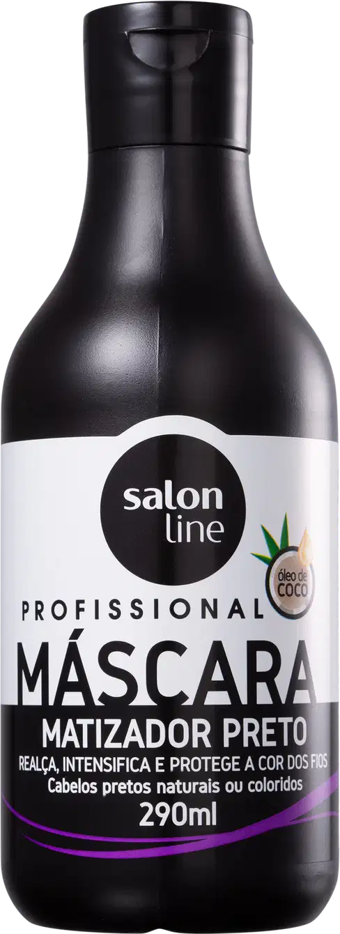 Frasco preto de 290ml da máscara matizadora preta da linha profissional Salon Line, com rótulo branco e preto destacando o nome do produto e sua função de realçar e proteger cabelos pretos naturais ou coloridos.