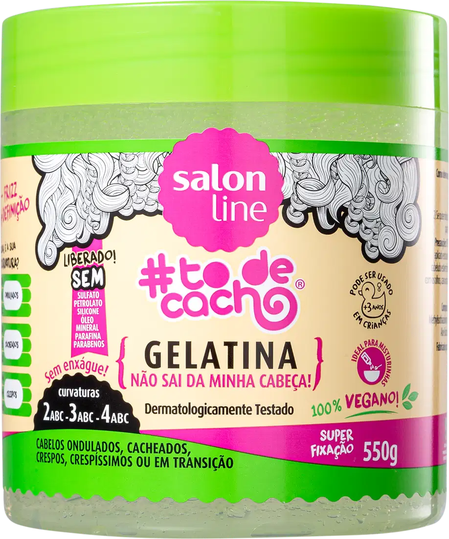 Pote verde-limão com rótulo rosa da linha Salon Line, contendo gelatina para cabelos ondulados, cacheados, crespos ou em transição, com informações sobre ser vegano e testado dermatologicamente.