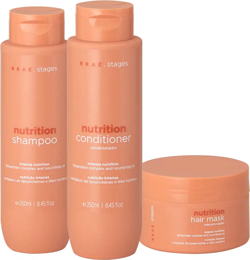 Conjunto de produtos de cuidados capilares da marca Braé, incluindo shampoo, condicionador e máscara capilar, em embalagens de plástico laranja com detalhes em branco.