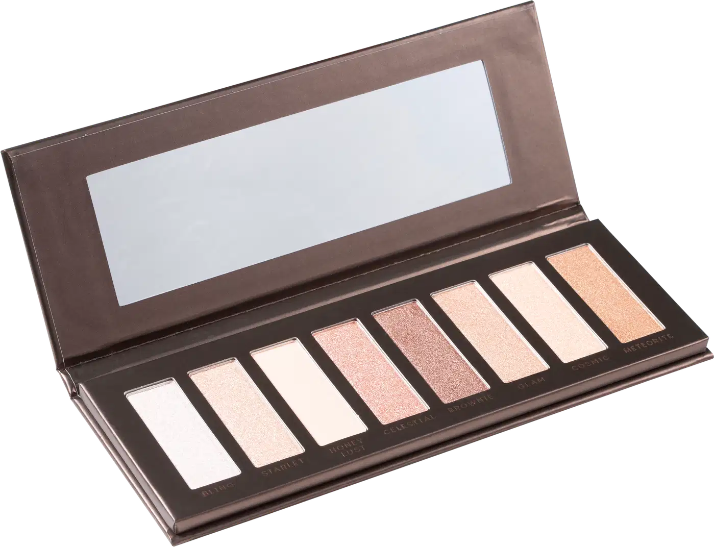 Paleta de sombras de maquiagem em embalagem retangular marrom, contendo 10 tons de sombras em diferentes tons de bege, rosa e bronze.