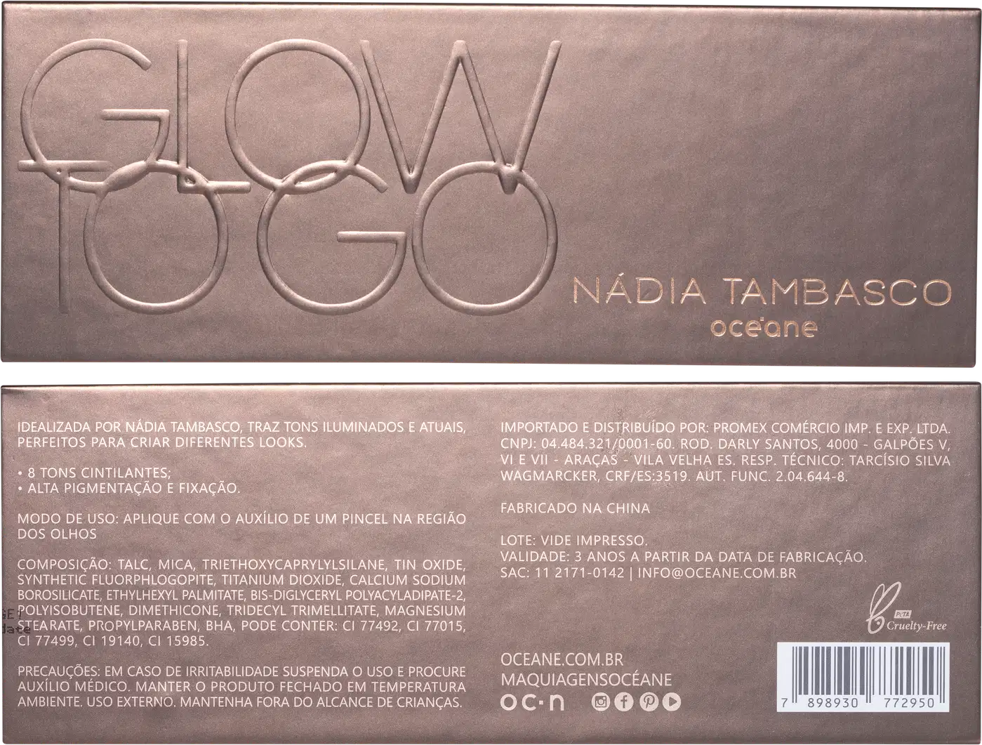 Caixa de maquiagem da marca Glow Ego, da designer Nadia Tambasco, na cor rosa acinzentada. A embalagem apresenta o nome da marca e da designer em relevo, além de informações sobre o produto.