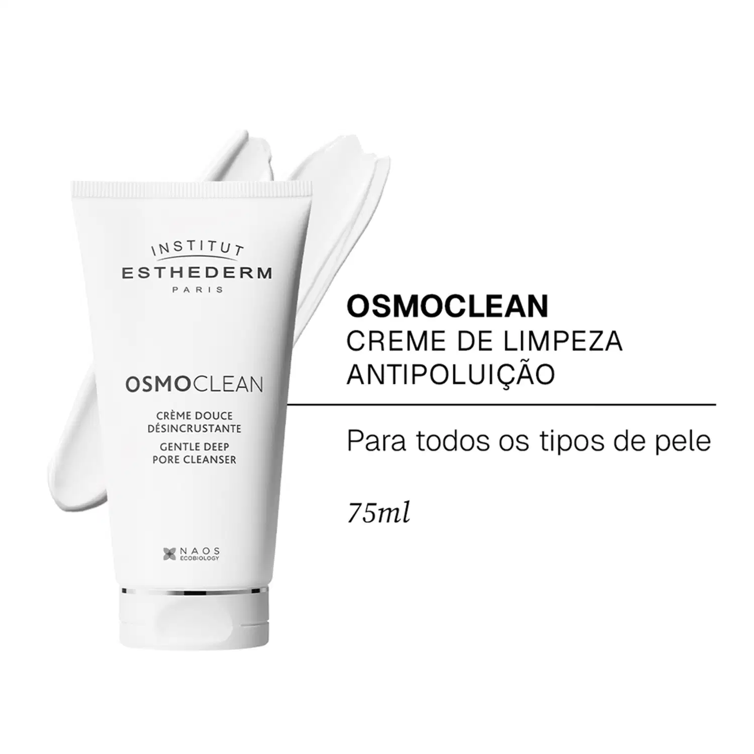 Embalagem com texto "INSTITUT ESTHEDERM PARIS OSMOCLEAN CREME DE LIMPEZA ANTIPOLUIÇÃO Para todos os tipos de pele 75ml".