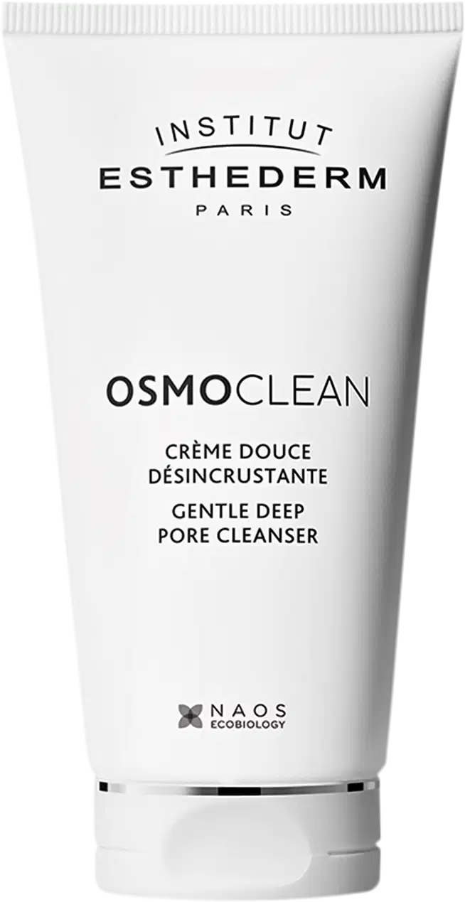 Bisnaga branca com rótulo preto e branco da marca Institut Esthederm Paris, contendo o produto Osmoclean, um creme de limpeza suave para os poros.