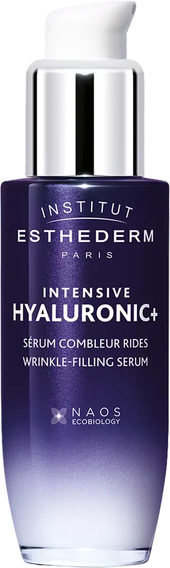Frasco de soro facial Intensive Hyaluronic+ da marca Esthederm Paris, com embalagem em tons de roxo e branco, contendo informações sobre o produto e sua tecnologia NAOS Ecobiology.