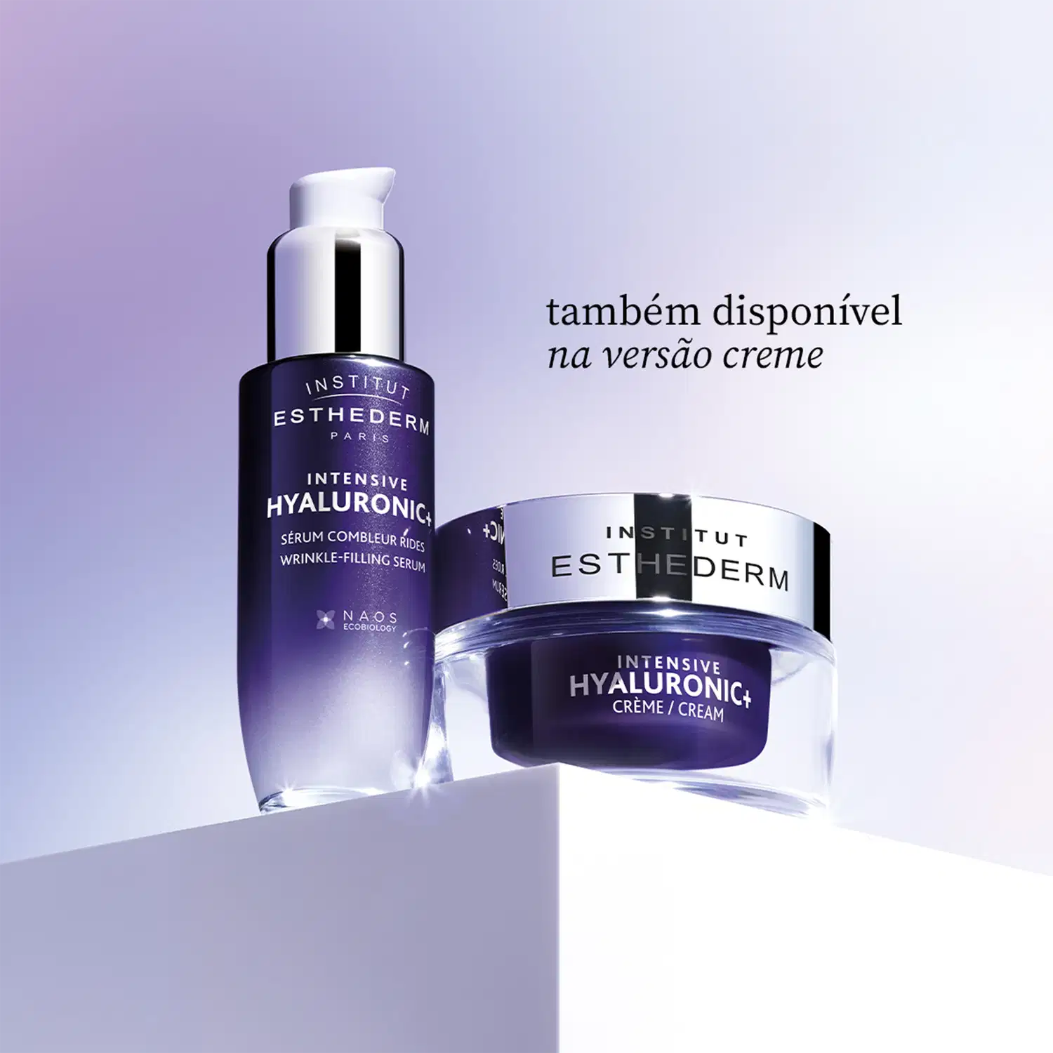 Dois produtos da marca Institut Esthederm: um soro facial Intensive Hyaluronic e um creme facial Intensive Hyaluronic, ambos em embalagens de vidro e plástico com detalhes em roxo.