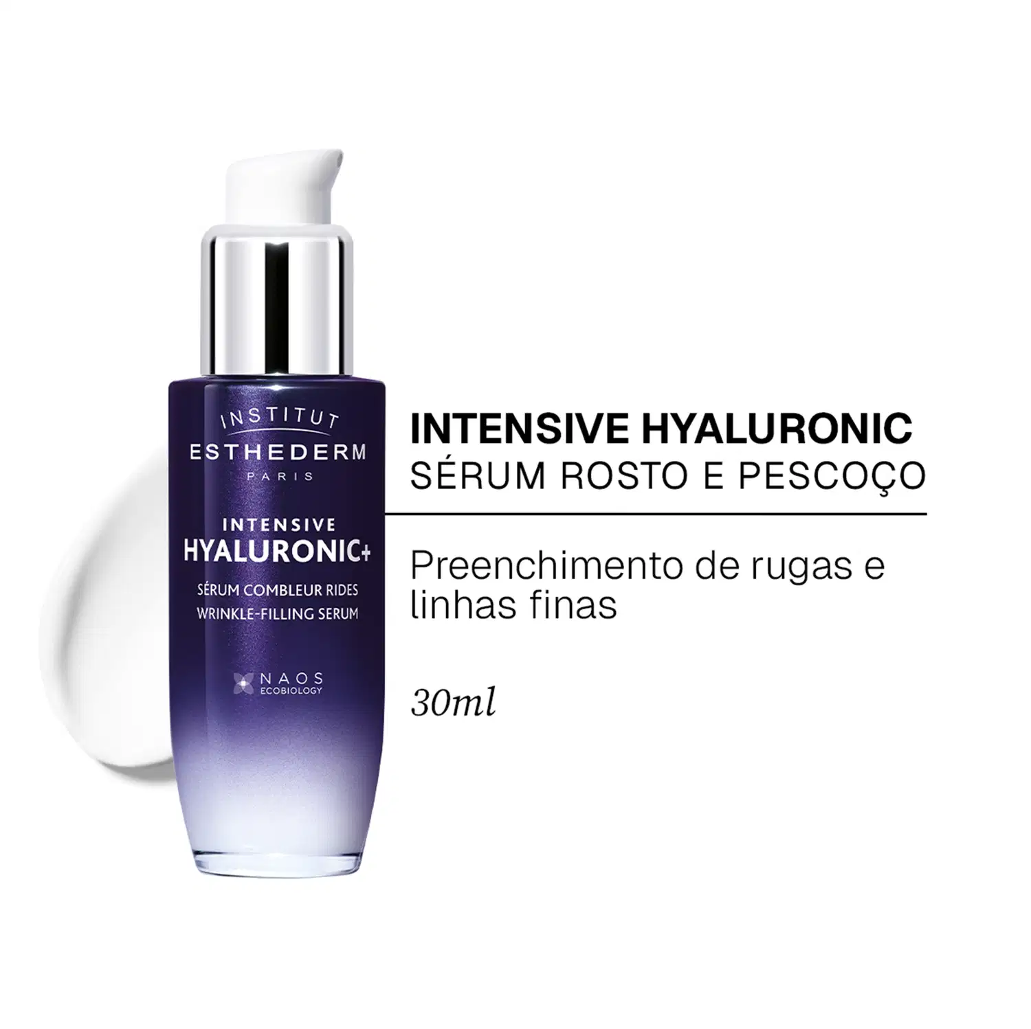 Institut Esthederm Paris contendo "Intensive Hyaluronic Sérum Rosto e Pescoço" para preenchimento de rugas e linhas finas, com volume de 30ml.