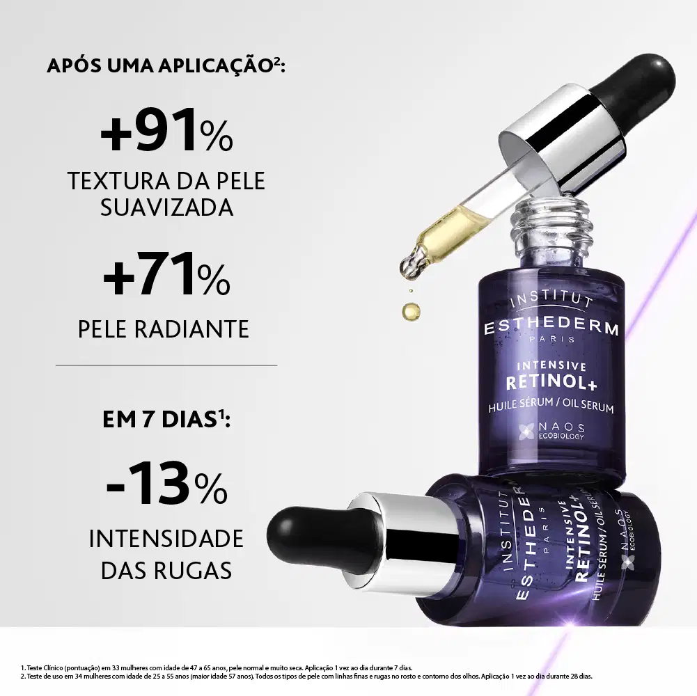Frasco de vidro com conta-gotas contendo item da marca Esthederm, com texto "Intensive Retinol+ Huile Serum/Oil Serum" e informações sobre benefícios de textura suavizada e pele radiante em 7 dias.