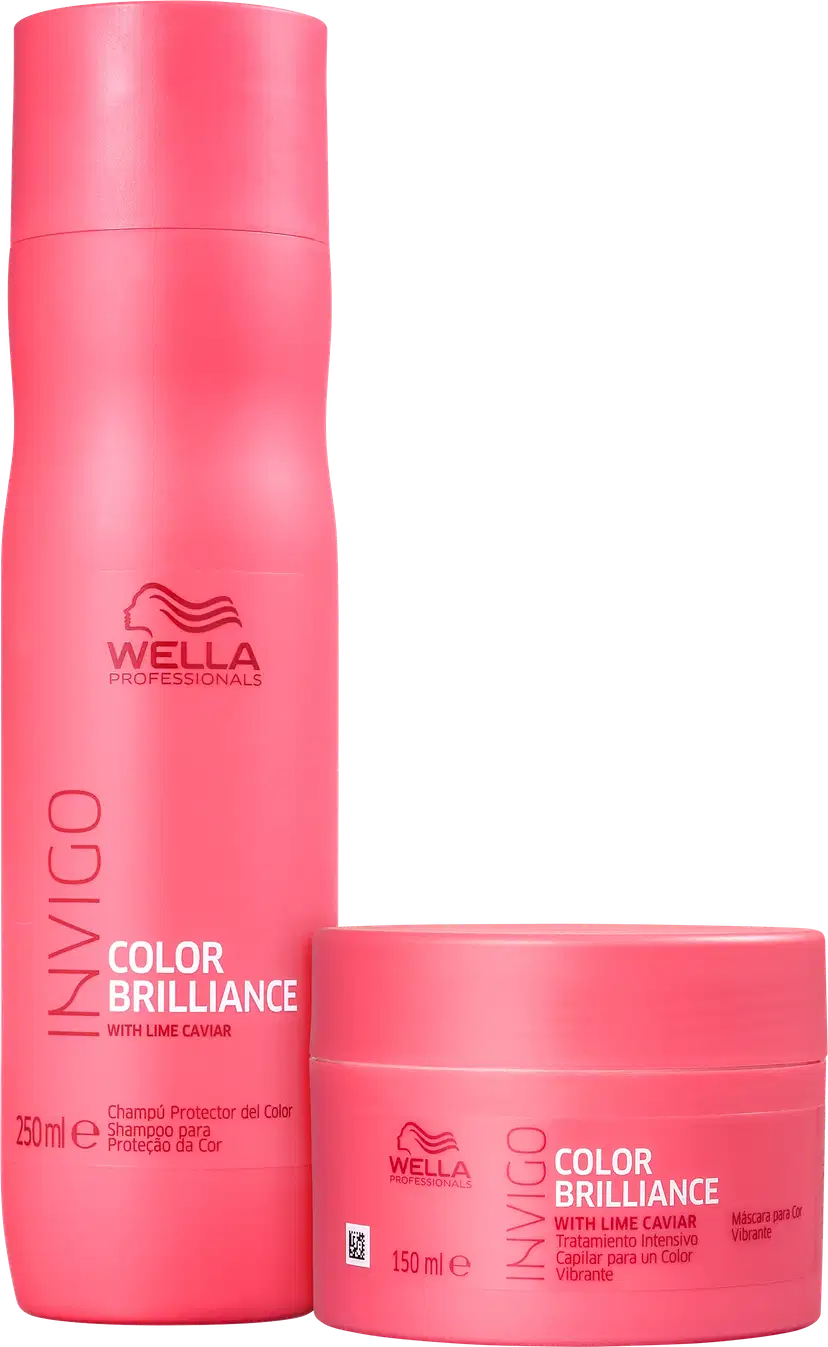 Dois produtos da linha Wella Professionals Color Brilliance, com embalagens em tom de rosa vibrante. Um frasco de shampoo e um pote de máscara, ambos com o nome da linha e o texto "with lime caviar" visível.