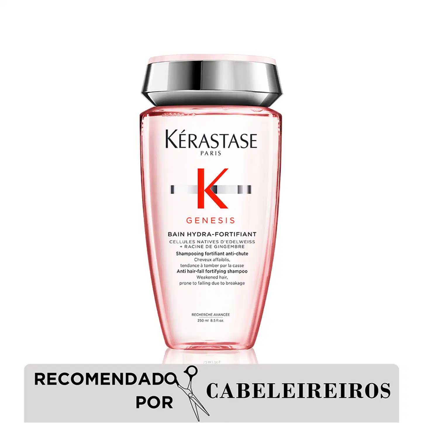 Frasco de shampoo da marca Kérastase Paris, da linha Genesis, com embalagem rosa e prata. O rótulo apresenta o nome da marca, da linha e informações sobre o produto, que é um shampoo fortificante anti-queda.