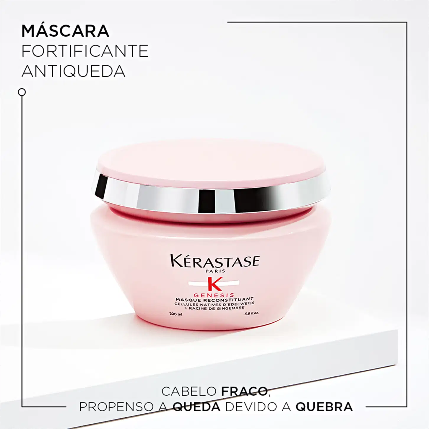 Máscara fortificante antiqueda da linha Kérastase Genesis, em embalagem rosa e branca com detalhes em preto, contendo 200 ml do produto para cabelos propensos a queda devido a quebra.