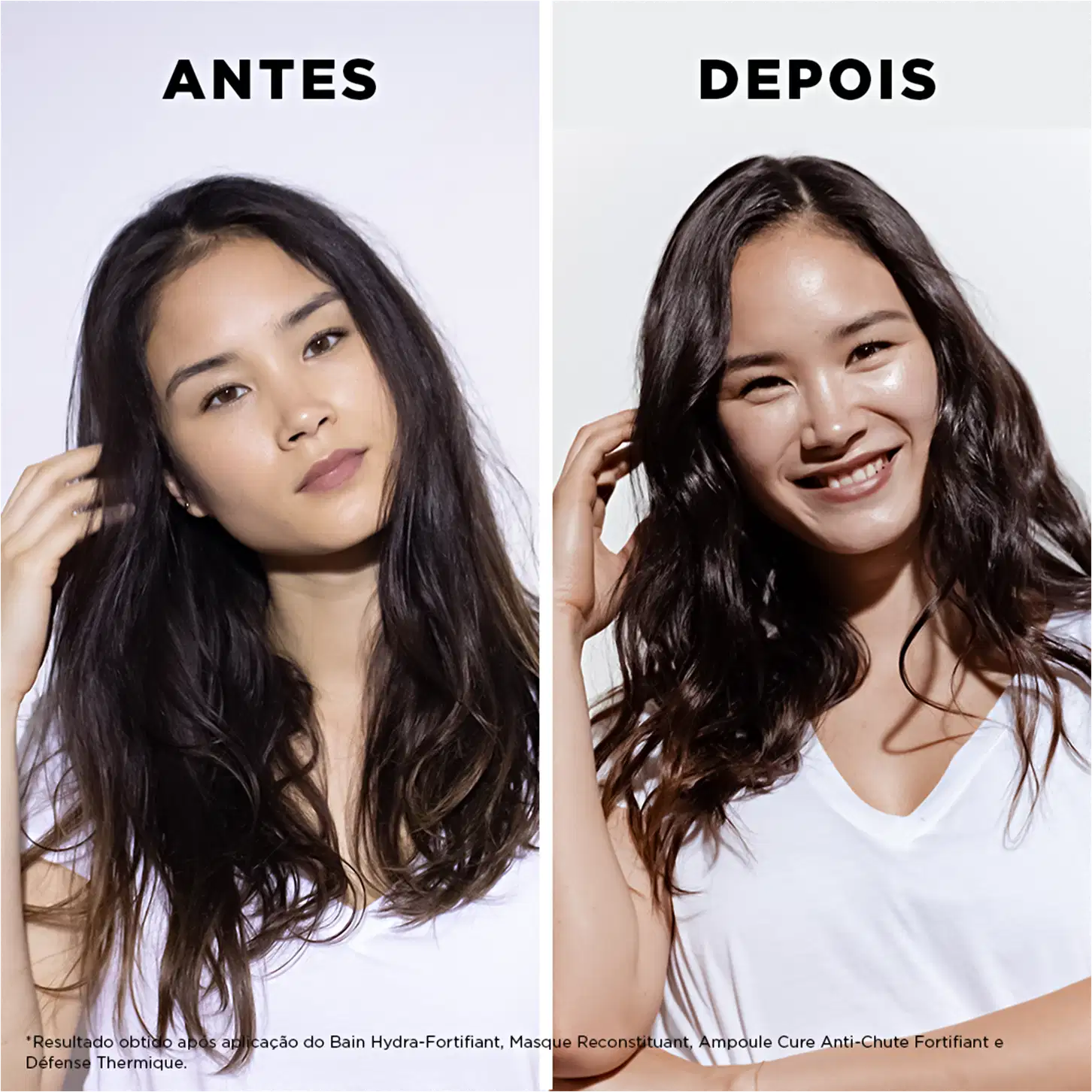 Imagens antes e depois de um tratamento de cabelo da marca Kérastase, mostrando a transformação do cabelo da modelo. O produto é apresentado em frascos brancos com rótulos pretos, destacando os resultados obtidos após a aplicação.