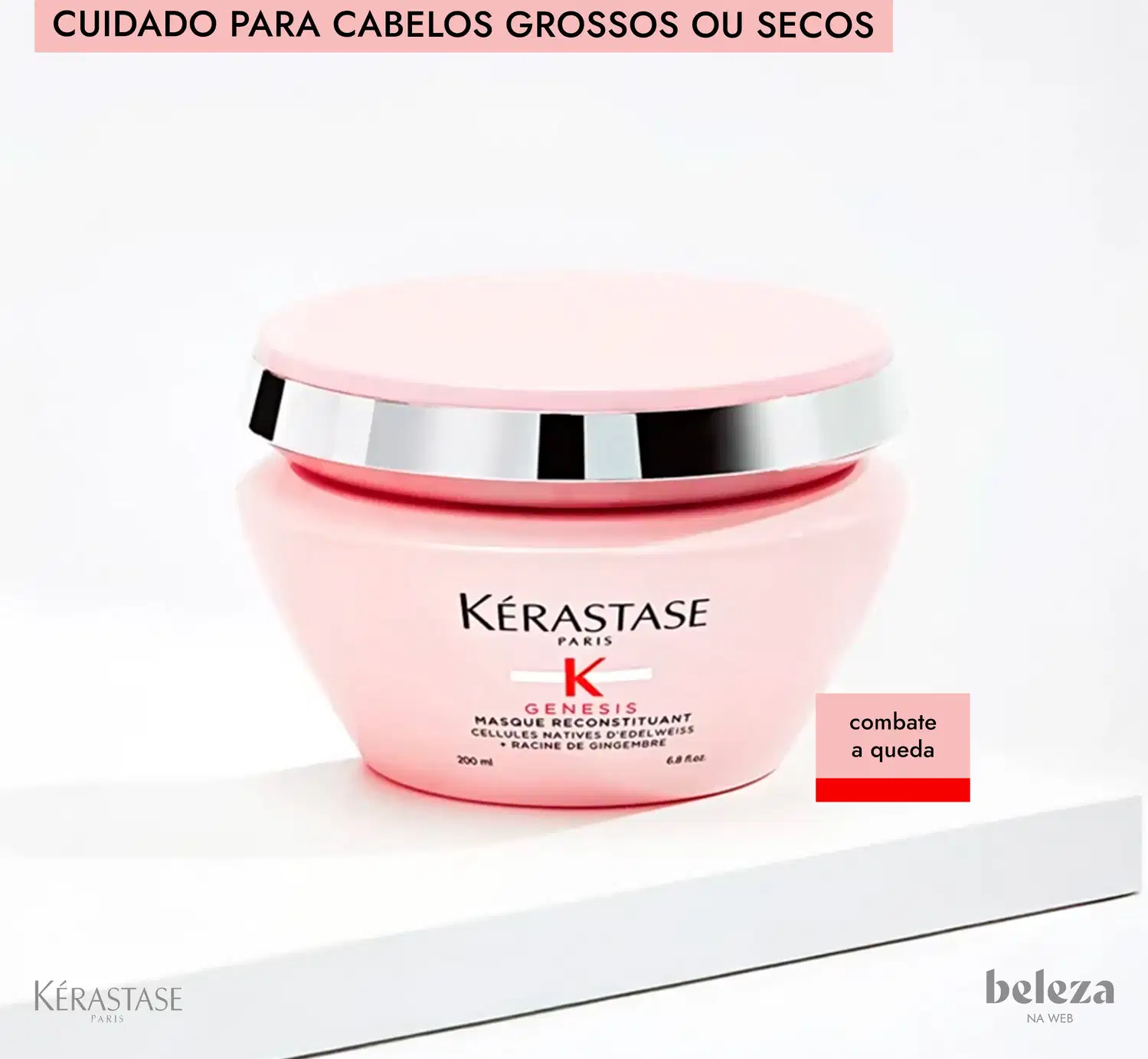 Frasco rosa da linha Genesis da Kérastase, um tratamento reconstituinte para cabelos grossos ou secos. O produto apresenta embalagem redonda com tampa prateada e rótulo com o nome da marca.