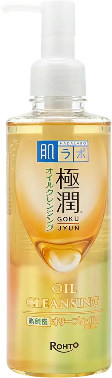Frasco de limpeza facial em óleo da marca Rohto, com bomba dosadora, em embalagem de vidro transparente com rótulo azul e amarelo. O produto é chamado de "Hada Labo Gokujyun Cleansing Oil".