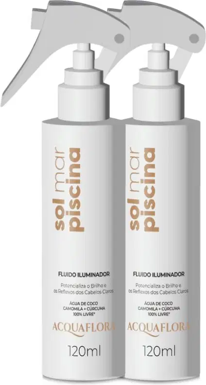 Dois frascos de 120ml do fluido iluminador Sol Mar Piscina da marca Acquaflora, com rótulos brancos e detalhes em dourado, apresentando um design de pulverizador.