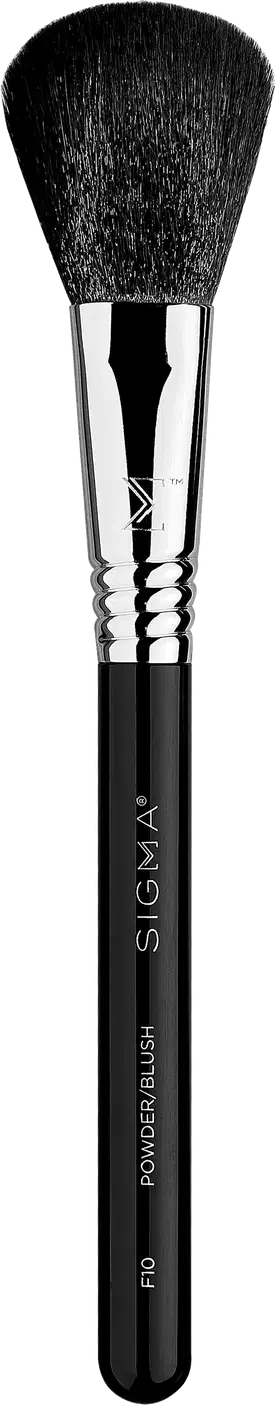 A imagem mostra um pincel de maquiagem de alta qualidade da marca Sigma Beauty. O pincel tem um cabo preto com o nome "Sigma" e a descrição "Powder Brush F10" gravados nele. A parte superior possui cerdas densas e macias em formato arredondado.