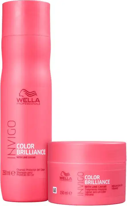 Dois produtos da linha Wella Professionals Color Brilliance, com embalagens em tom de rosa vibrante. Um frasco de shampoo e um pote de máscara, ambos com o nome da linha e o texto "with lime caviar" visível.