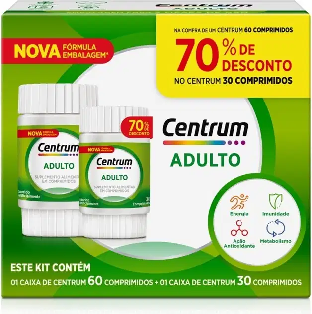 Caixa de suplemento alimentar Centrum Adulto com 60 e 30 comprimidos, em embalagem verde e amarela, destacando descontos de 70% no pacote maior.