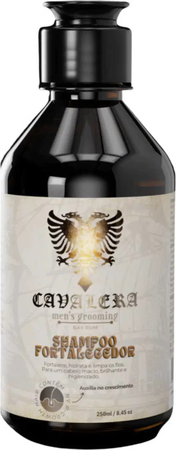 Frasco de shampoo Cavalera para homens, com embalagem preta e branca, exibindo o logotipo da marca em destaque. O produto é descrito como "Shampoo Fortalecedor" e promete fortalecer, hidratar e limpar os cabelos de forma eficaz.