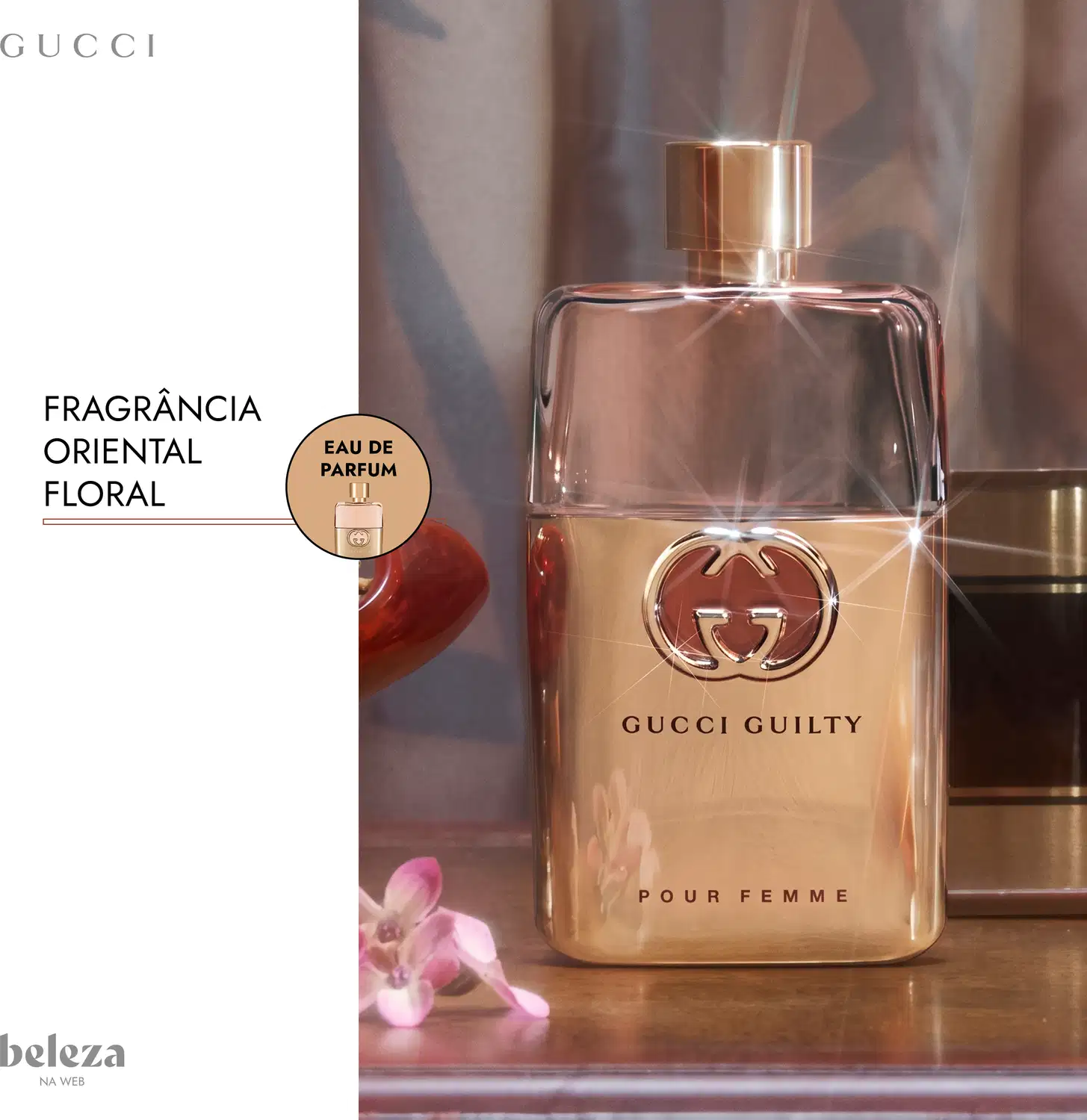 Frasco de item de perfumaria da marca Gucci, com nome "Gucci Guilty" e texto "Pour Femme".