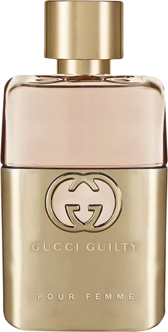 Frasco de item de perfumaria da marca Gucci com tampa dourada, apresentando aroma que abraça a pele com sofisticação e longa duração, inspirado no espírito independente da mulher que assume seus desejos.