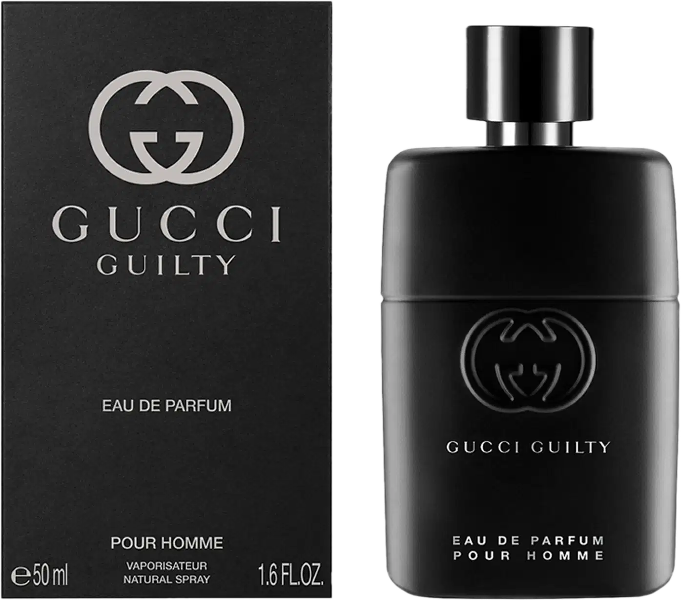 A imagem mostra a embalagem preta, retangular, com o logo e nome da marca, tipo de concentração, nome do perfume e volumetria estampados de forma minimalista, em branco. Ao lado, o frasco do perfume.