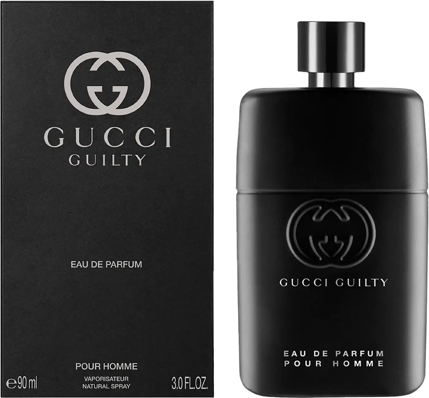 A imagem mostra a embalagem preta, retangular, com o logo e nome da marca, tipo de concentração, nome do perfume e volumetria estampados de forma minimalista, em branco. Ao lado, o frasco do perfume.