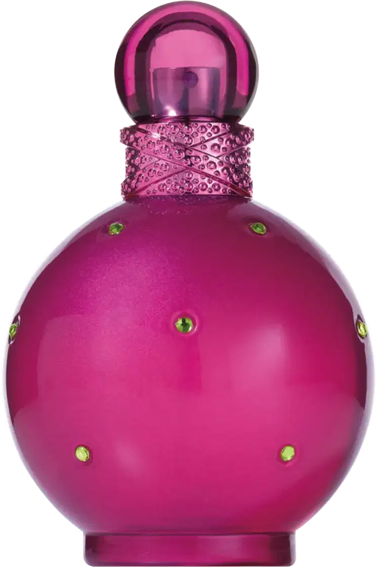 Perfume em frasco de vidro arredondado na cor rosa vibrante. O frasco possui detalhes decorativos rendados em volta do gargalo e pequenos cristais dourados incrustados no corpo. A tampa superior é uma esfera de vidro rosa escuro.