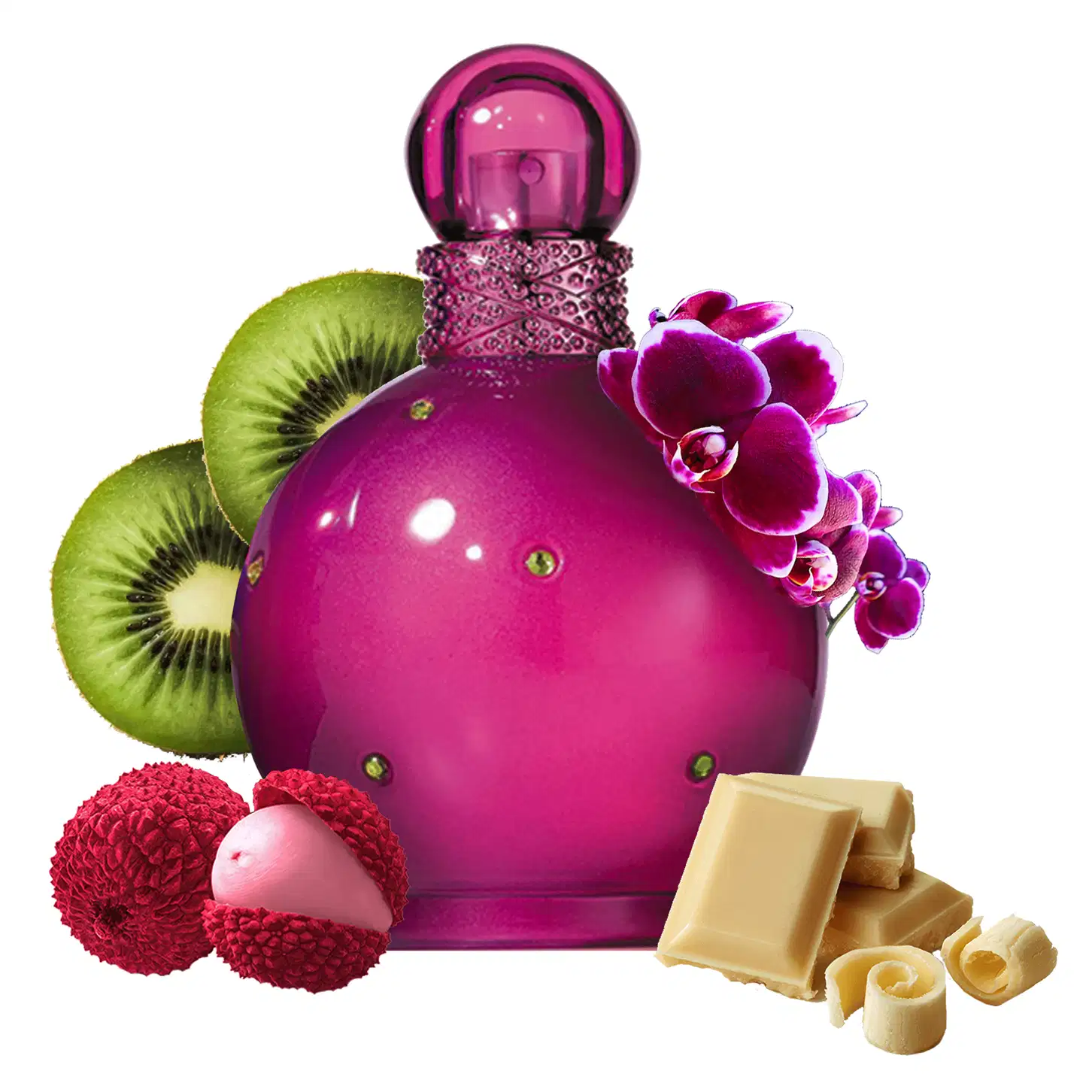 Ao redor do frasco, há elementos decorativos como orquídeas roxas, kiwis verdes e barras de chocolate branco. O conjunto remete a uma fragrância gourmand com notas frutadas e amadeiradas.