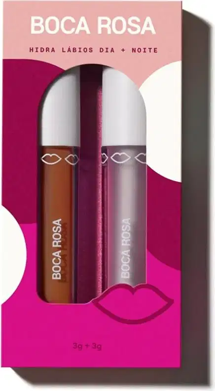 Kit Boca Rosa com dois hidratantes labiais: frasco com líquido marrom e frasco com líquido roxo escuro, embalagem rosa e magenta com detalhes em branco, tamanho 3g cada.
