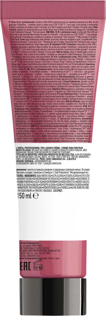 Frasco de creme para pentear da marca L'Oréal Professionnel, com embalagem rosa e rótulo detalhado em texto. O produto possui 150 ml de volume e apresenta informações sobre sua composição e instruções de uso.