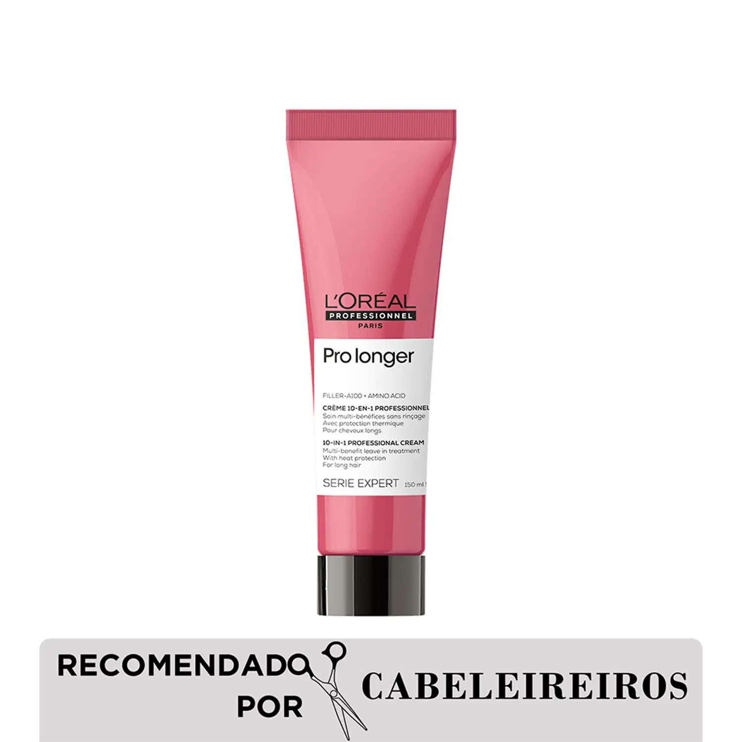 Tubo rosa da linha Pro Longer da L'Oréal Professionnel, com rótulo indicando tratar-se de um creme 10-em-1 para cabelos longos, com proteção térmica.