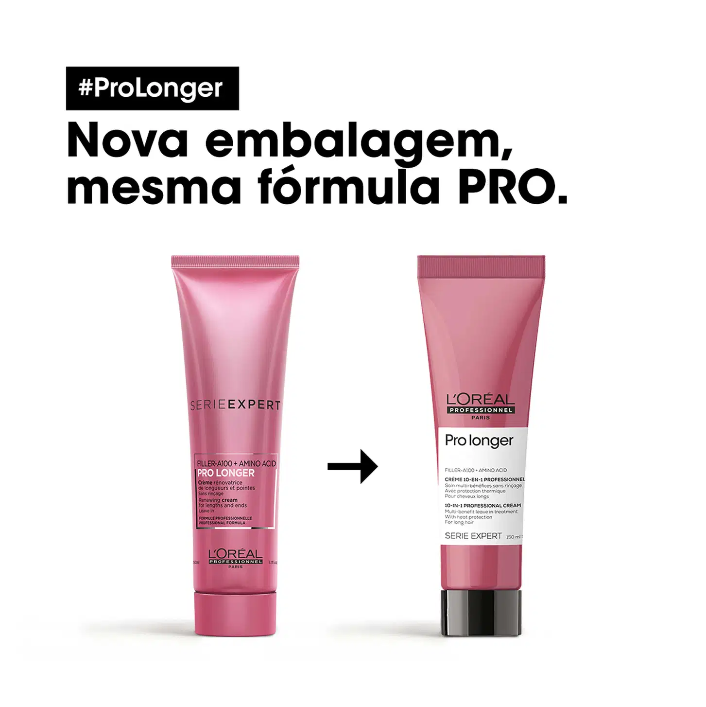 Dois tubos de creme para cabelos da linha Pro Longer da L'Oréal Professionnel, com embalagem rosa e texto destacando a nova fórmula e a mesma tecnologia PRO.