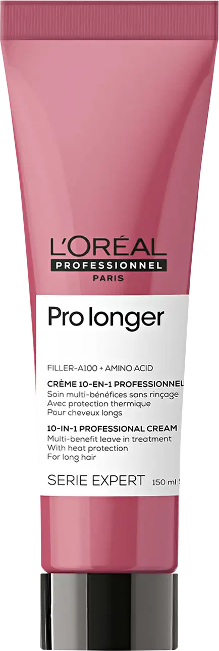 Tubo rosa da linha Serie Expert da L'Oréal Professionnel Paris, contendo o produto Prolonger, um creme de tratamento profissional de 10-em-1 para cabelos longos, com proteção térmica.