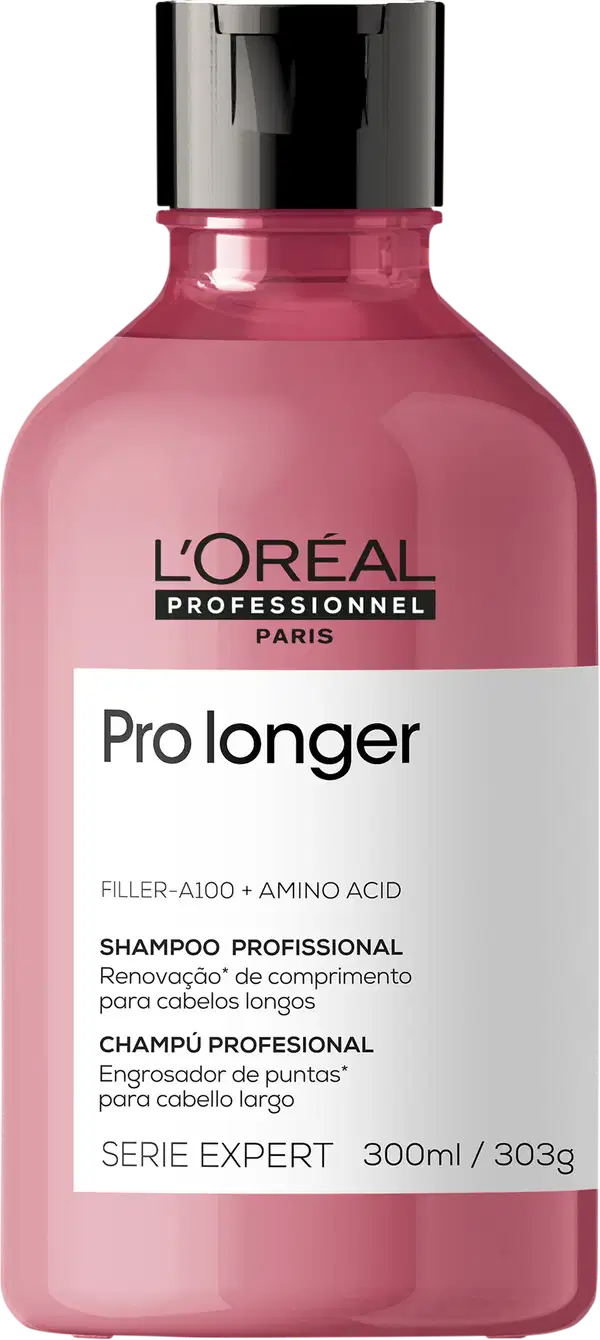 Shampoo da linha Serie Expert Pro longer da L'Oréal Professionnel. O frasco é de plástico rosa. Na parte frontal, há um rótulo branco com o nome do produto "Pro longer" e a descrição "Filler-A100 + Amino Acid Shampoo Profissional" em português e inglês.