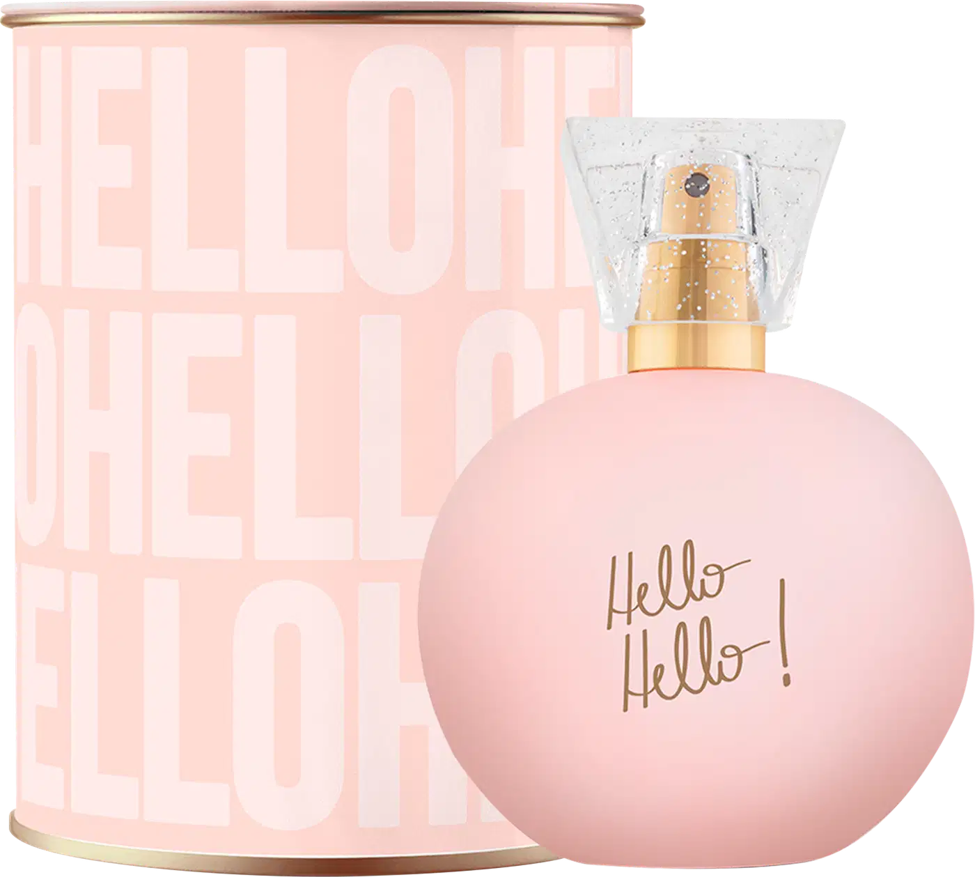 Perfume em embalagem redonda de vidro rosa claro com tampa dourada. Lata cilíndrica rosa com texto "Hello Hello!" em letras marrons. As cores predominantes são rosa claro, branco e dourado.