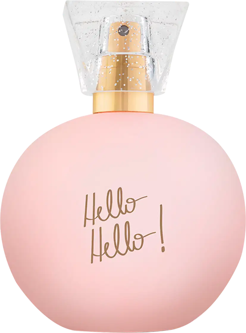 Perfume em frasco arredondado de vidro rosa claro. A tampa é transparente com detalhes dourados. No corpo do frasco, está escrito "Hello Hello!" em letras cursivas. O frasco tem uma forma simples e elegante, com uma silhueta curvilínea.