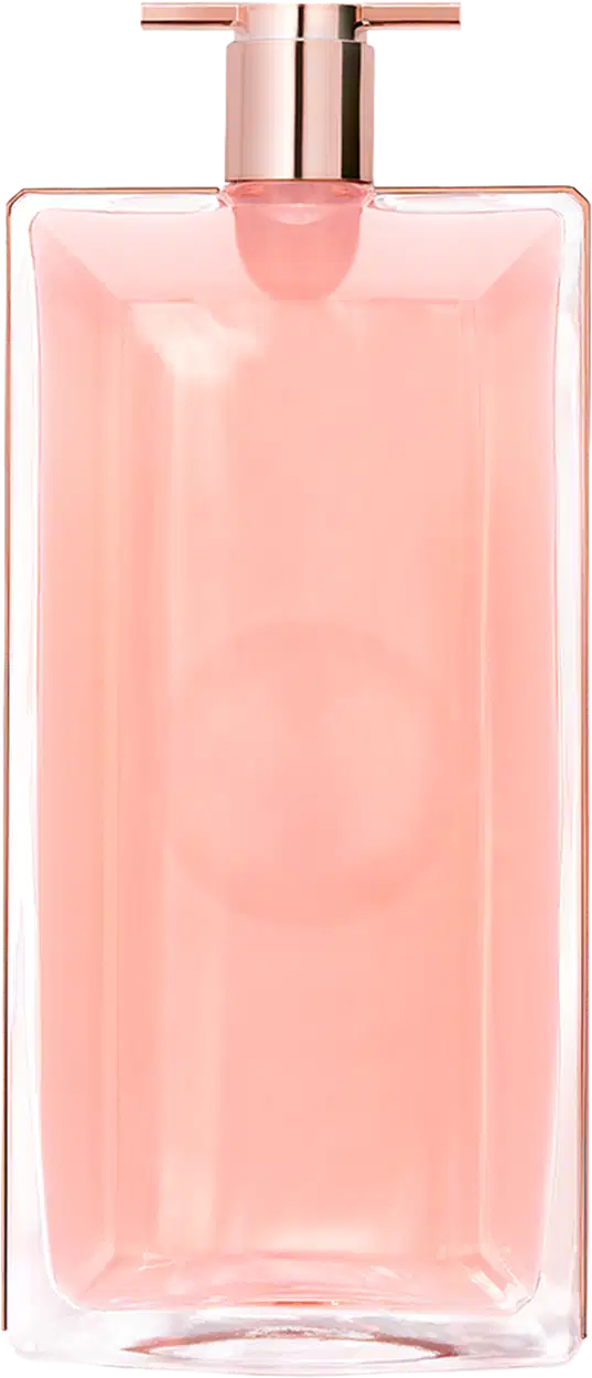 Frasco de perfume Idôle Lancôme de formato retangular, com tampa rosada e corpo transparente contendo um líquido de tonalidade rosa clara. O rótulo apresenta o nome da marca em destaque.