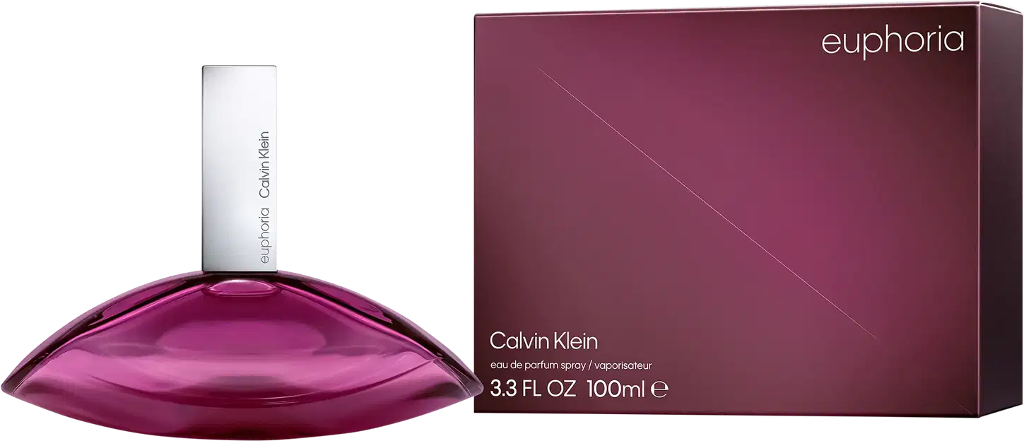 Frasco de perfume Calvin Klein de formato oval, com tampa branca e corpo em tom de rosa vibrante: Euphoria Calvin Klein Eau de Parfum 100ml
