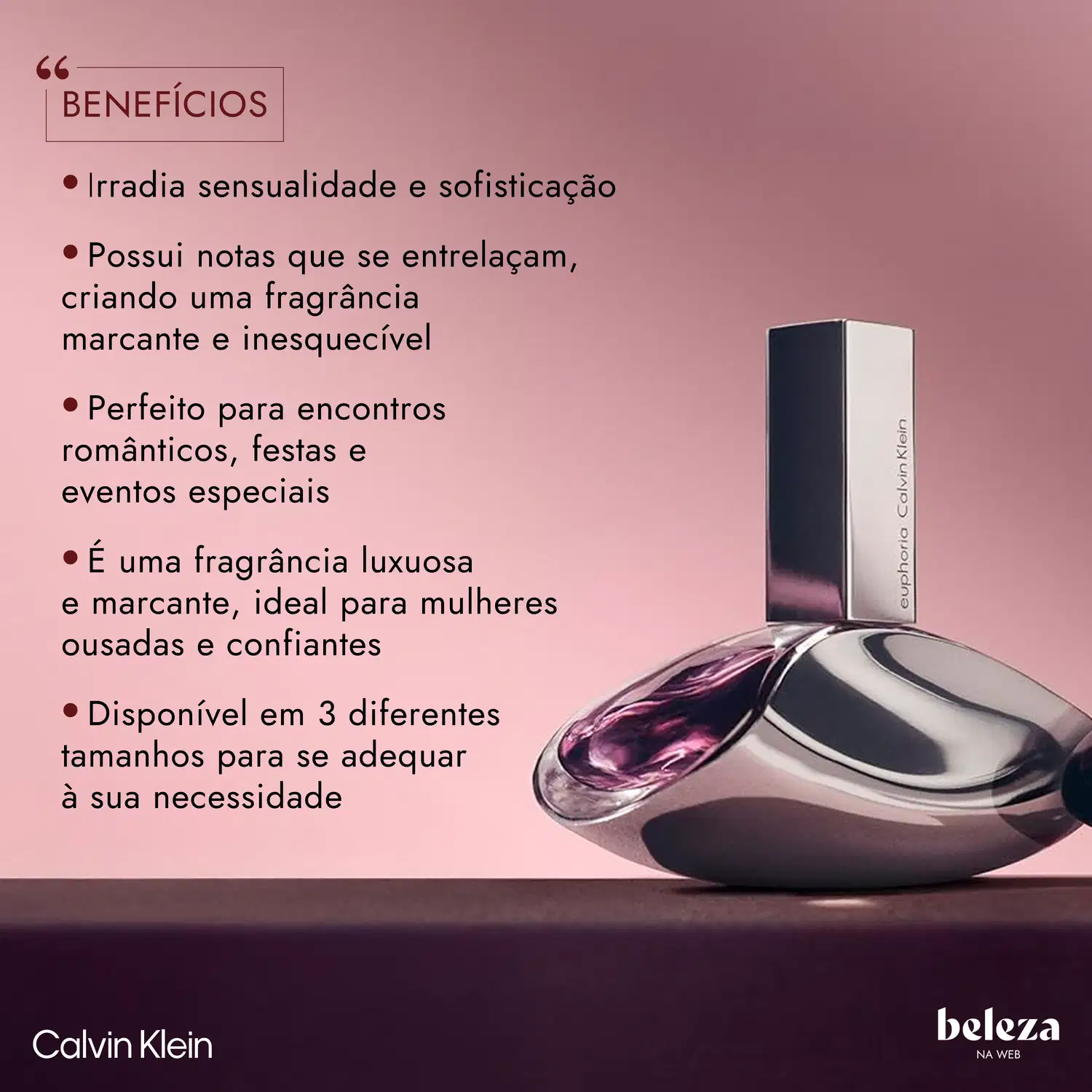 Frasco de perfume Calvin Klein de formato oval, com tampa branca e corpo em tom de rosa vibrante: Euphoria Calvin Klein Eau de Parfum 100ml