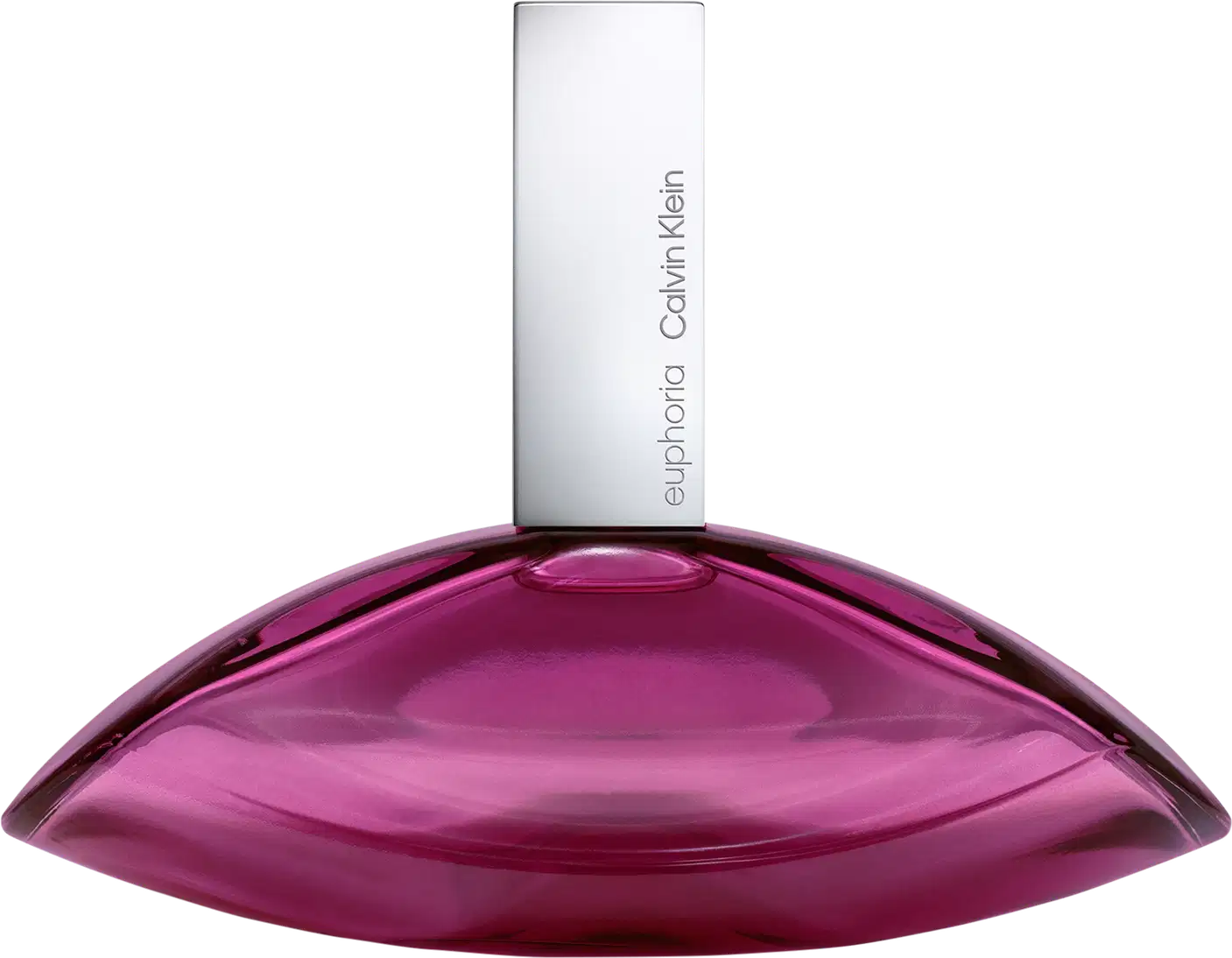 Frasco de perfume Calvin Klein de formato oval, com tampa branca e corpo em tom de rosa vibrante: Euphoria Calvin Klein Eau de Parfum 100ml