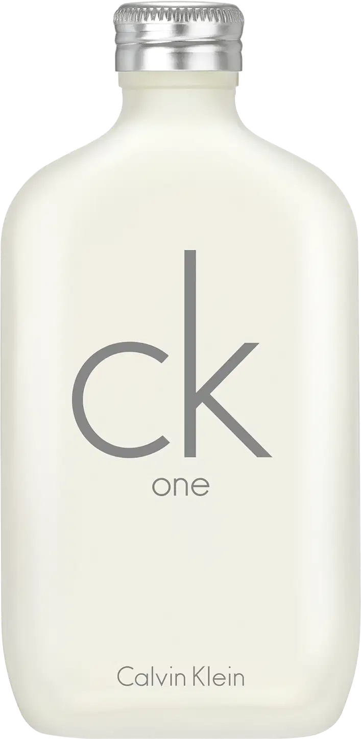 Frasco de perfume Calvin Klein One, com design minimalista em tons de branco e cinza, exibindo o logotipo da marca em destaque.