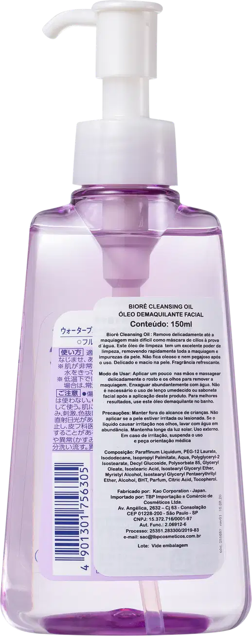 Verso da embalagem com informações sobre o produto Bioré Make Up Remover Cleansing Oil - Óleo Demaquilante 150ml