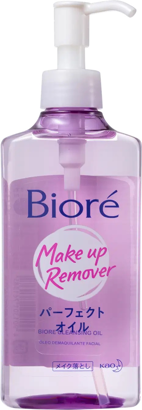 Embalagem plástica transparente com líquido lilás dentro. Bomba dosadora branca na parte superior. Rótulo com o nome do produto "Make up Remover" e a descrição "Bioré Perfect Oil" em inglês e japonês.