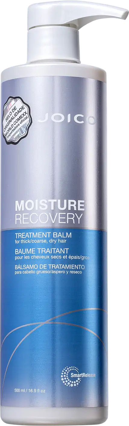 Frasco de tratamento capilar Joico Moisture Recovery, com bomba doseadora, em tonalidades de azul e prata, com rótulo destacando o nome do produto e informações sobre seu uso.
