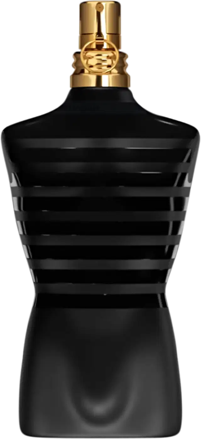 A imagem mostra o perfume Le Male Le Parfum Jean Paul Gaultier um frasco preto e dourado com design em formato inspirado no torso masculino icônico da maison