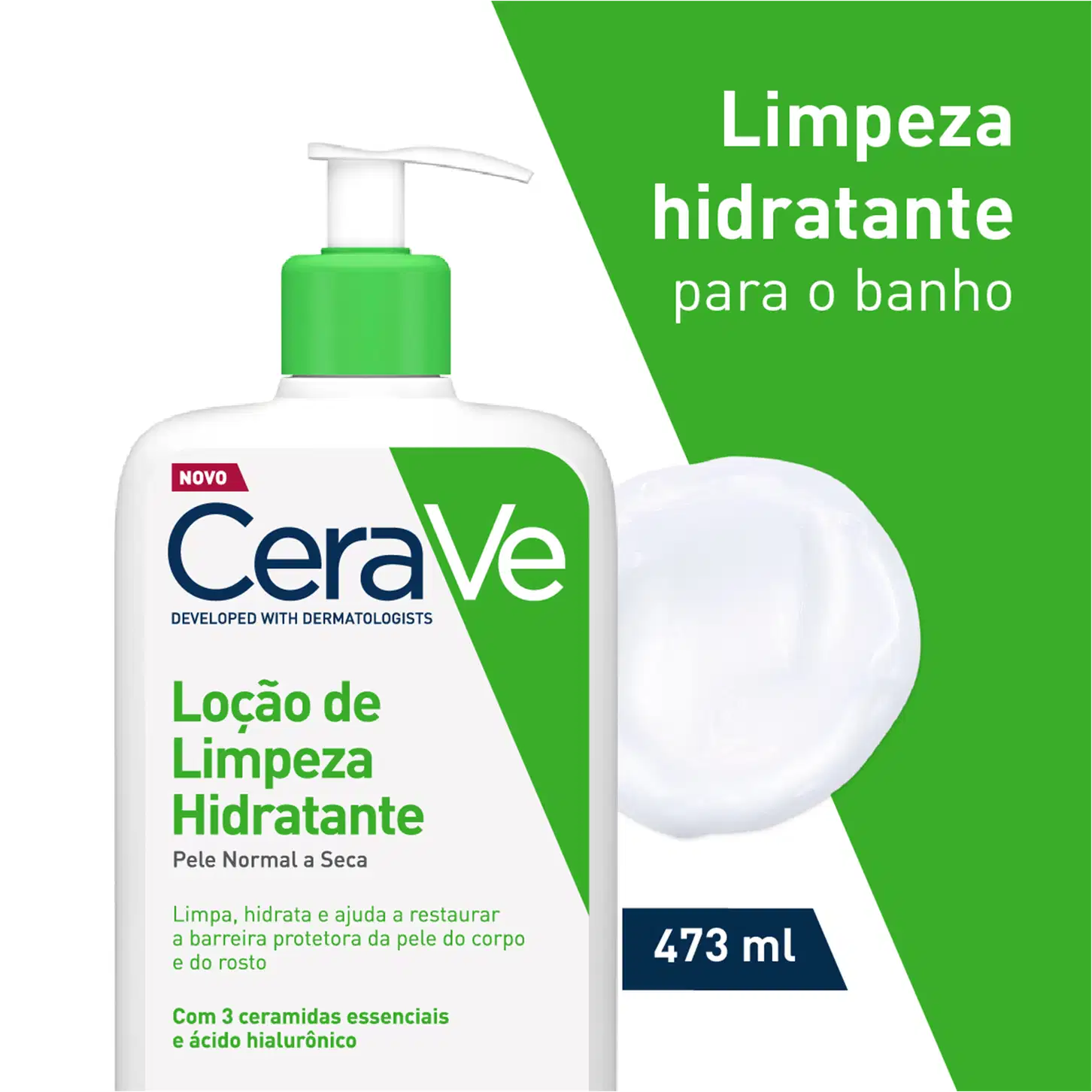 Frasco de loção de limpeza hidratante da marca CeraVe, com embalagem branca e verde, contendo 473 ml do produto. O rótulo destaca que o produto é desenvolvido com dermatologistas e contém 3 ceramidas essenciais e ácido hialurônico.