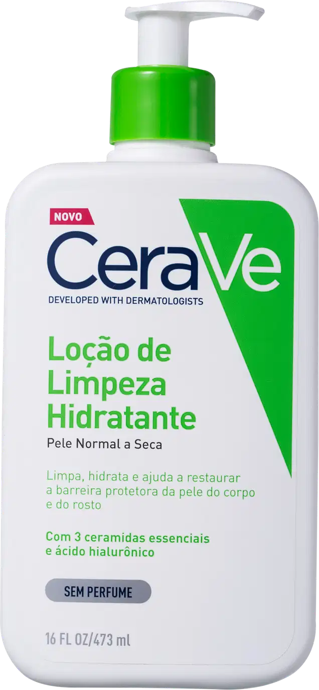 Frasco de loção de limpeza hidratante da marca CeraVe, com embalagem branca e verde, contendo 473 ml do produto. O rótulo destaca que o produto é desenvolvido com dermatologistas e contém 3 ceramidas essenciais e ácido hialurônico.