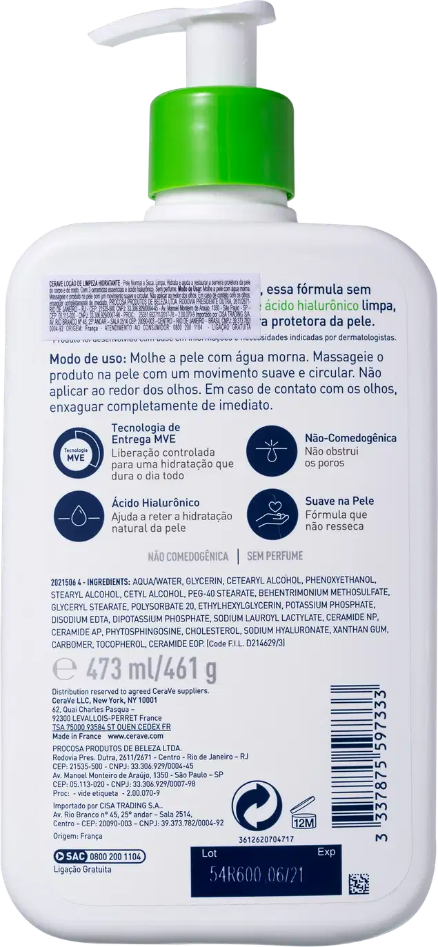 Frasco de loção de limpeza hidratante da marca CeraVe, com embalagem branca e verde, contendo 473 ml do produto. O rótulo destaca que o produto é desenvolvido com dermatologistas e contém 3 ceramidas essenciais e ácido hialurônico.