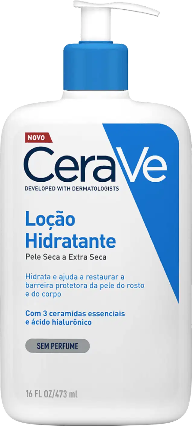 Frasco branco com bomba pump azul da linha CeraVe, contendo loção hidratante para pele seca a extra-seca, com 3 ceramidas essenciais e ácido hialurônico, sem perfume.